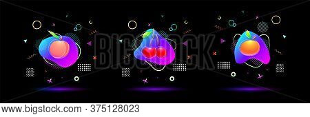 Bright Neon Colored Gradient Peach, Cherry, Mandarin Fruit With Vivid Colorful Abstract Fluid Liquid