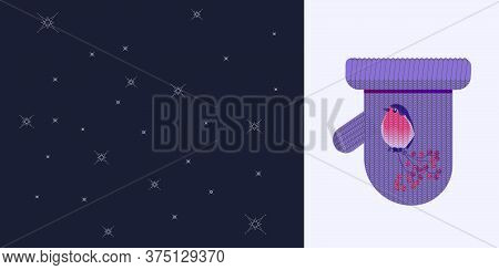Knitted Mittens, Bullfinch, Rowan Branch - Vector. Banner. A Christmas Gift. Winter Holidays