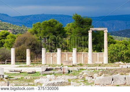 The Sanctuary Of Asklepios Ruins At The Epidaurus In Greece. Epidaurus Is A Ancient City Dedicated T