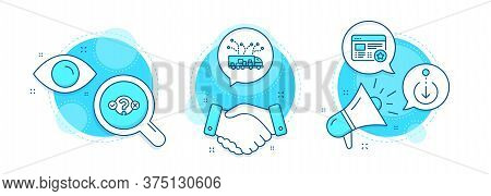 Quiz Test, Scroll Down And Truck Delivery Line Icons Set. Handshake Deal, Research And Promotion Com