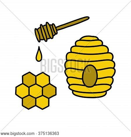 Honey Doodle Icons Set, Vector Color Illustration