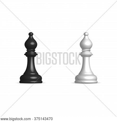 Photo Realistic Black And White Chess Piece Bishop. Front Wiev, Vector Illustration.