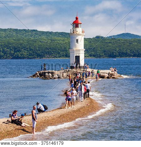 Vladivostok, Russia - July 17, 2016: Lighthouse Tokarevskiy Egersheld On Tokarevskaya Koshka Cape In