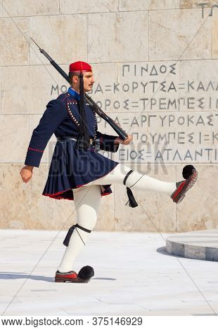 Athens, Greece - October 20, 2016: Evzone Or Evzoni Guarding The Tomb Of The Unknown Soldier At The 