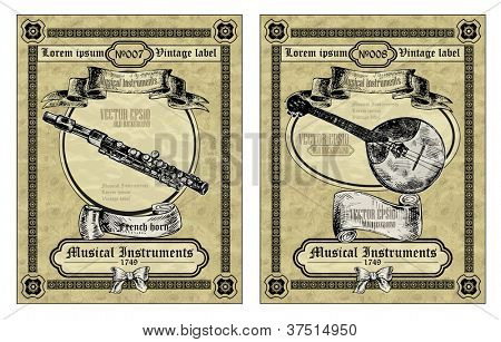vintage kort klassiske instrumenter. fløjte og Mandalina. Vintage musikinstrumenter vektor illustrationerne