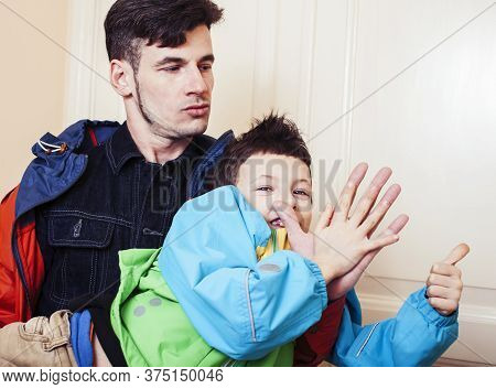 Faher And Son Together Having Fun At Home, Lifestyle Happy Family, People At Home