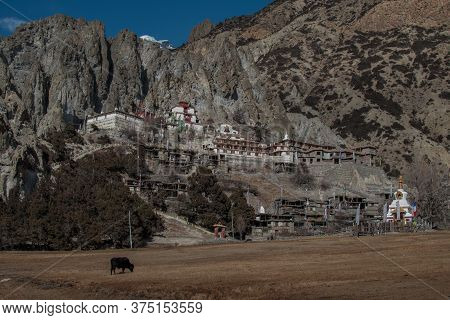 Buddhist Monastery In The Nepalese Mountains, Trekking Along Annapurna Circuit