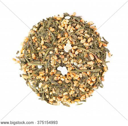 Japanese Green Tea Genmaicha, Isolated On White Background. Tea Leaves With Roasted Brown Rice. Orga