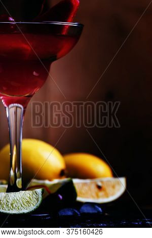 Watermelon Margarita With Lemon, Lime And Ice, Alcoholic Cocktail, Vintage Wooden Background, Select