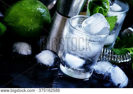 Making Cocktails, Bar Tools, Ice And Alcohol, Selective Focus