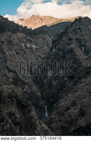 Small Waterfall, Huge Mountains, Shadows Playing, Annapurna Circuit, Nepal