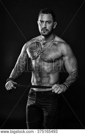 He Got Perfect Torso. Muscular Man Hold Leather Belt. Fetish. Bdsm Love Game. Sportsman Bare Chest A