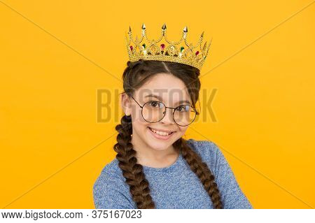 Little Smart Girl Wear Eyeglasses. Clever Child. Royal Education. Cute Adorable Girl In Glasses. Pri