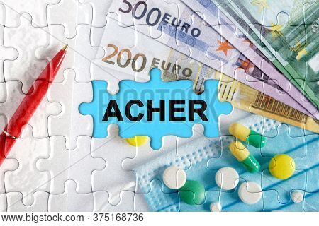 Double Exposure. Puzzles With The Image Of Pills, Medical Mask, Pens And Euro With The Inscription -