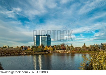 Business Building Near The Pond In Fall. Markham, Canada