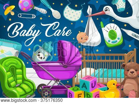 Baby Care, Toys And Kid Stuff. Cartoon Vector Flying Stork, Stroller And Diaper, Bed, Baby Monitor A