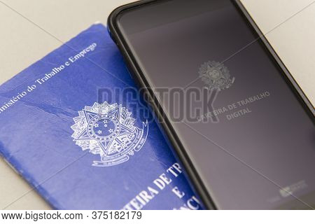 Florianopolis, Brazil. June 27, 2020: Close Up Of Printed And Digital Work Card (carteira De Trabalh
