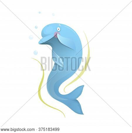 Cute Romantic Dolphin Character Design. Dreaming Posing Dolphin Animal Adorable Drawing For Kids. Wa