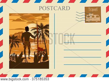 Postacrd Summer Vintage Surfer Beach Ocean. Vacation Travel Design Card With Postage Stamp. Vector I