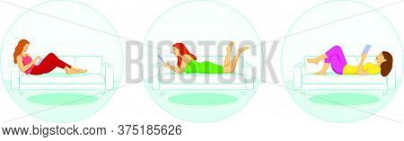 Set Of Women Reading Or Students Studying And Preparing For Examination While Lying On The Sofa And 