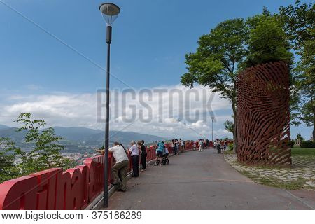 Bilbao, Spain, July 29, 2018: Visitors Look At Bilbao From Artxanda Mountain, Basque Country, Spain