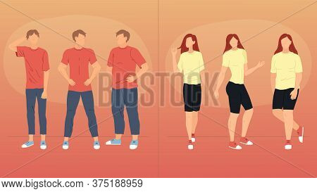 Men And Women Standing In Different Poses. Fat And Thin Male And Female Characters Standing In A Row