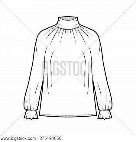 Turtleneck Blouse Technical Fashion Illustration With Long Sleeves, Flouncy Ruffled Cuffs, Oversized