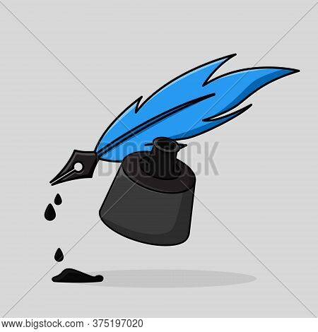 Pen Feather With Ink Container  In Cute Cartoon Illustration