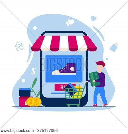 E Commerce Illustration - Online Shop Concept In Flat Design - People Shopping With Trolly