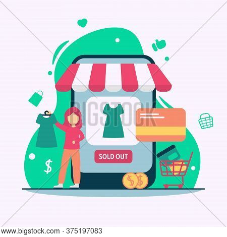 E Commerce Illustration - Online Shop Concept In Flat Design - Women Holding The Clothes -sold Out