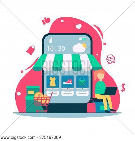 E Commerce Illustration - Online Shop Concept In Flat Design - Woman Sit At Box With Laptop