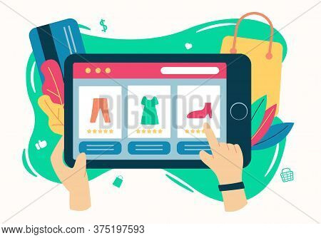 Illustration Online Store - Modern Concept E Commerce With Hand Holding Tablet In Flat Design