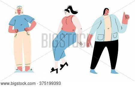 Set Of Young Smiling Overweight Women Enjoying Normal Life
