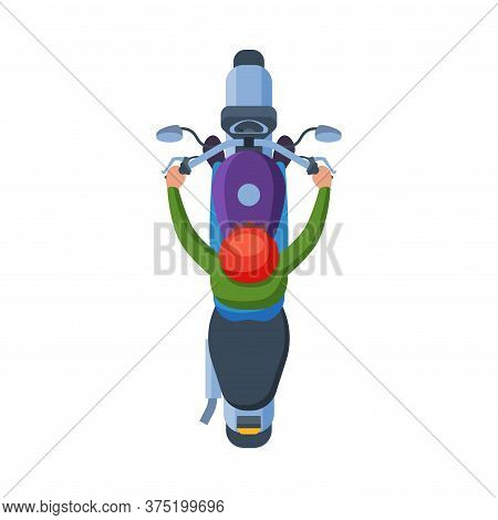 Man In Helmet Riding Motorcycle, View From Above, Motorcyclist On Motorbike Flat Vector Illustration