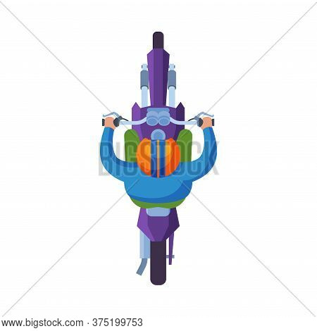 Man In Helmet Riding Motorcycle, View From Above Flat Vector Illustration