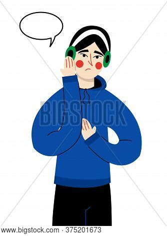 Sad Guy In Headphones. Emotion From News. Flat Vector Illustration.
