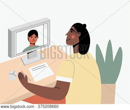 Girl Sitting With The Computer. Online Education. Woman Leaning Online. Work From Home. Videoconfere