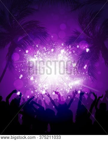 Tropical Neon Beack Party People Having Fun Among Palms And Summer Heat