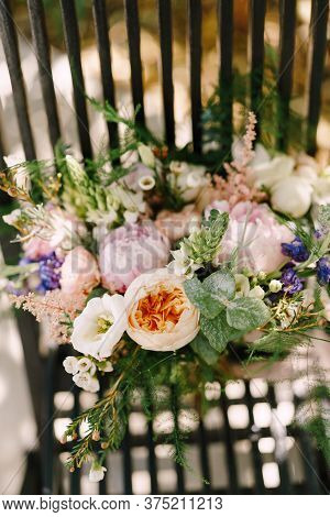 Bridal Bouquet Of Cream Roses, Pink Peonies, Eustoma, Waxflower, Astilbe, Limonium, Branches Of Euca
