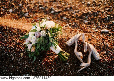 Bridal Bouquet Of White And Pink Roses, Peonies, Hortense Branches Of Eucalypt Tree, Eustoma White R