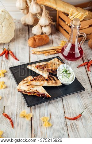 Quesadilla With Tomato Tortilla Fajito Chicken And Mozzarella Cheese, Vertical