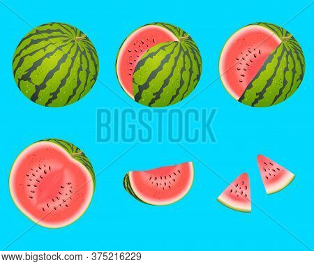 Bright Vector Set Of Colorful Half, Slice And Whole Of Juice Watermelon. Fresh Cartoon Berry Isolate
