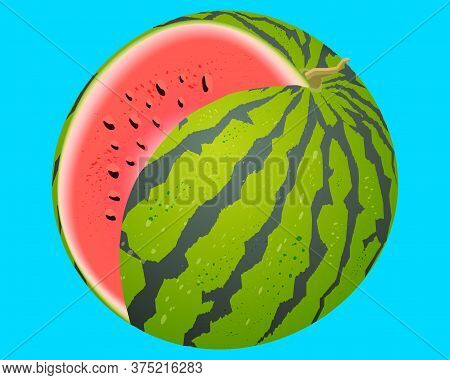 Bright Vector Image Of Sliced Watermelon. Fresh Cartoon Berry Isolated On Blue Background.