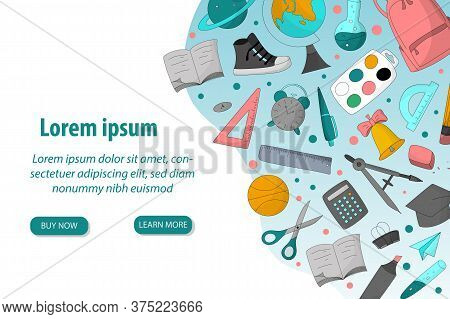 Back To School Vector Set. Landing Page Design With School Stationery. Cartoon Style Illustrations. 