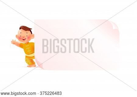 Chinese New Year Banner With Happy Boy Mascot Character In Oriental Traditional Hanfu Suit & White P