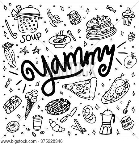Hand Drawn Doodle Yammy, Baking, Dishes And Kitchenware.