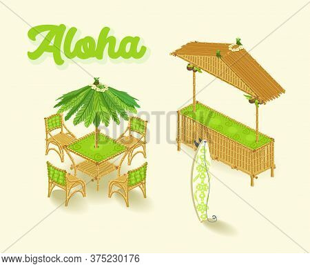 Hawaii Bar, Isometric Set, Cane Style. Beach Holidays, Surfing. Bar Furniture. Vector Illustration.
