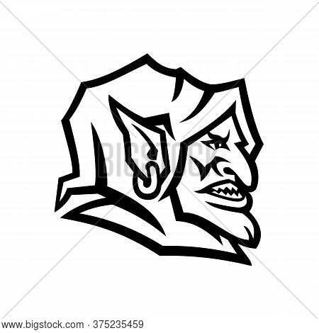 Black And White Mascot Illustration Of Head Of A Goblin, A Monstrous Creature From European Folklore