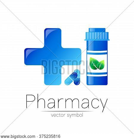 Pharmacy Vector Symbol With Blue Pill Bottle And Big Cross For Pharmacist, Pharma Store, Doctor And 