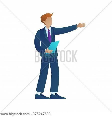 Young Businessman With Tablet, Isolated On White Background. Leader Or Boss In Suit Leads Business P
